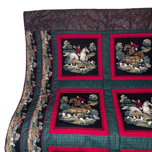 Handmade Vintage 70's Equestrian Horse Rider Beagle Hunting Paisley Quilt 66X52 - Picture 2 of 11